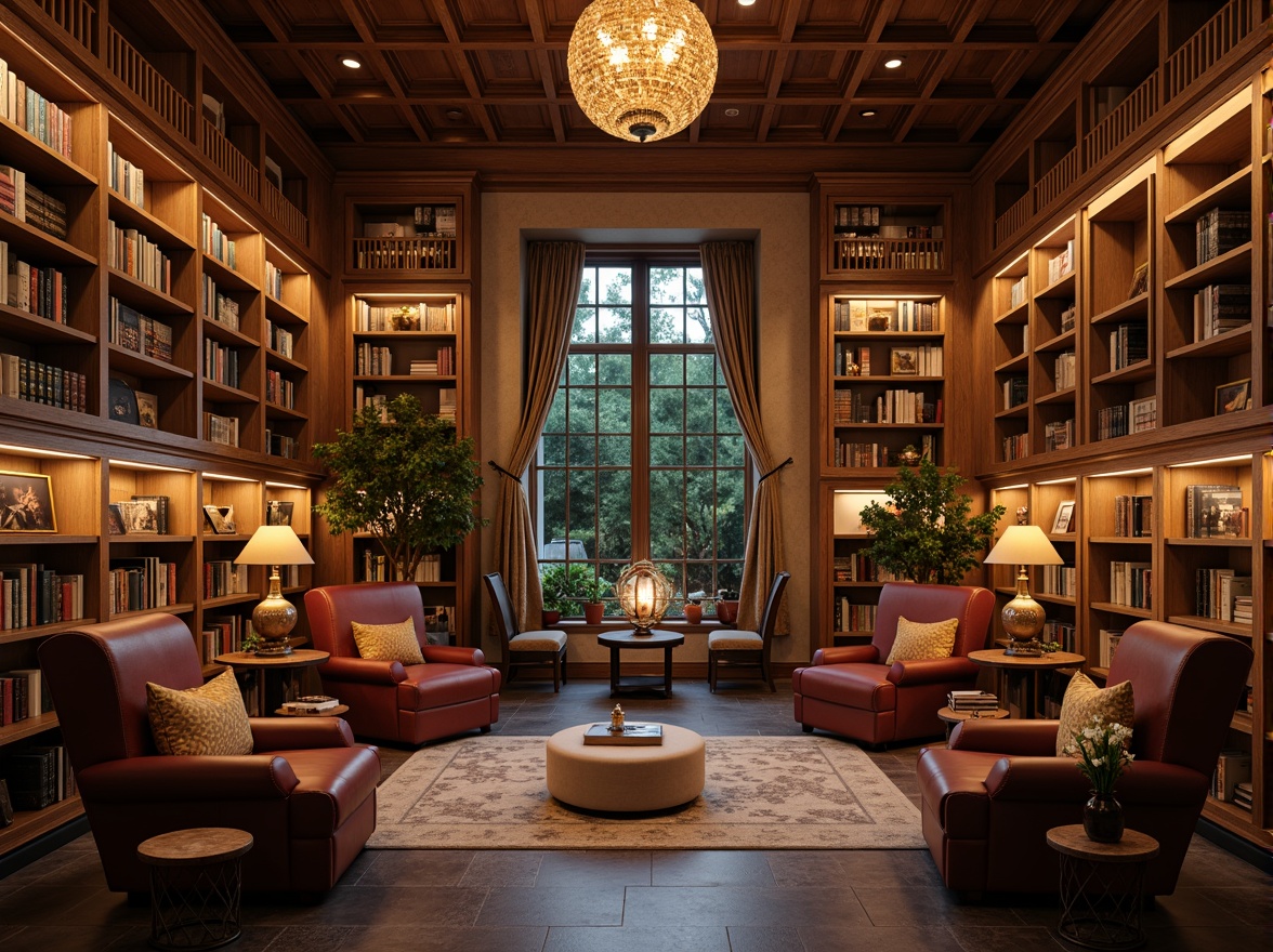 Prompt: Cozy library interior, warm wooden bookshelves, comfortable reading nooks, soft plush armchairs, rich leather-bound tomes, vintage metal lanterns, earthy color tones, muted beige walls, warm golden lighting, subtle texture accents, natural stone floors, elegant wooden desks, classic typography, calm atmosphere, shallow depth of field, 1/2 composition, realistic wood textures, ambient occlusion.