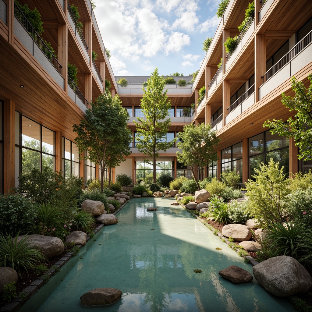 Prompt: Eco-friendly healthcare center, natural wood accents, recycled metal materials, low-VOC paints, energy-efficient systems, green roofs, solar panels, rainwater harvesting systems, living walls, indoor gardens, calming water features, soft warm lighting, shallow depth of field, 3/4 composition, panoramic view, realistic textures, ambient occlusion.