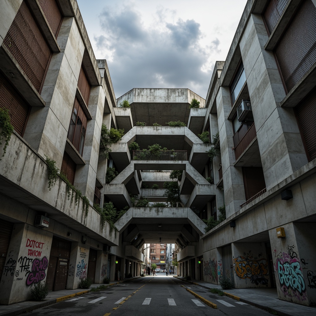 Prompt: Concrete fortress, brutalist fa\u00e7ade, urban jungle, industrial landscape, rusty metal accents, exposed ductwork, raw concrete textures, geometric patterns, bold structural elements, asymmetrical compositions, harsh artificial lighting, deep shadows, 1/1 composition, low-angle shot, gritty urban atmosphere, neglected alleys, graffiti-covered walls, abandoned infrastructure, dystopian ambiance, heavy clouds, dramatic skies.