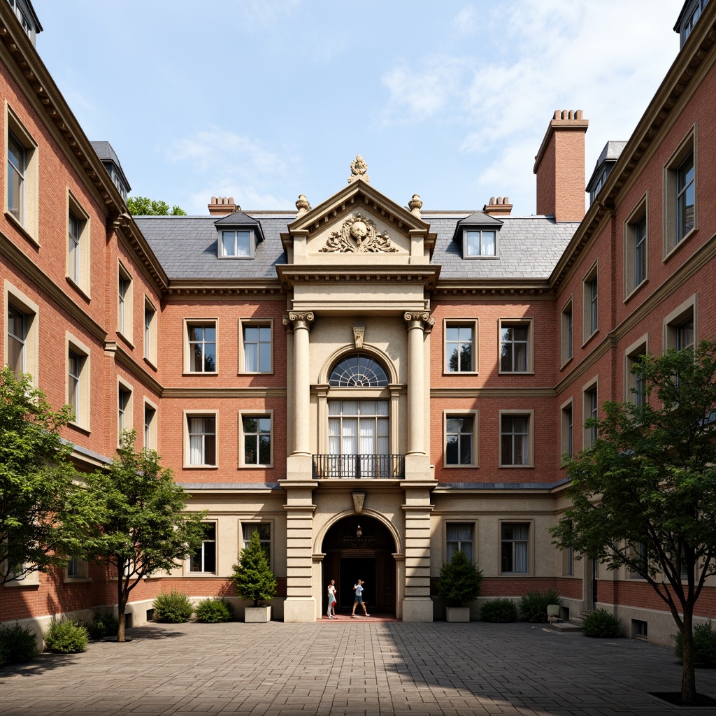 Prompt: Classic academic building, symmetrical facade, ornate stone carvings, grand entrance archways, rusticated bases, ionic columns, decorative cornices, steeply pitched roofs, dormer windows, slate roofing tiles, traditional brickwork, richly toned stonework, elegant proportions, harmonious balance, warm afternoon sunlight, soft shadows, shallow depth of field, 1/2 composition, realistic textures, ambient occlusion.