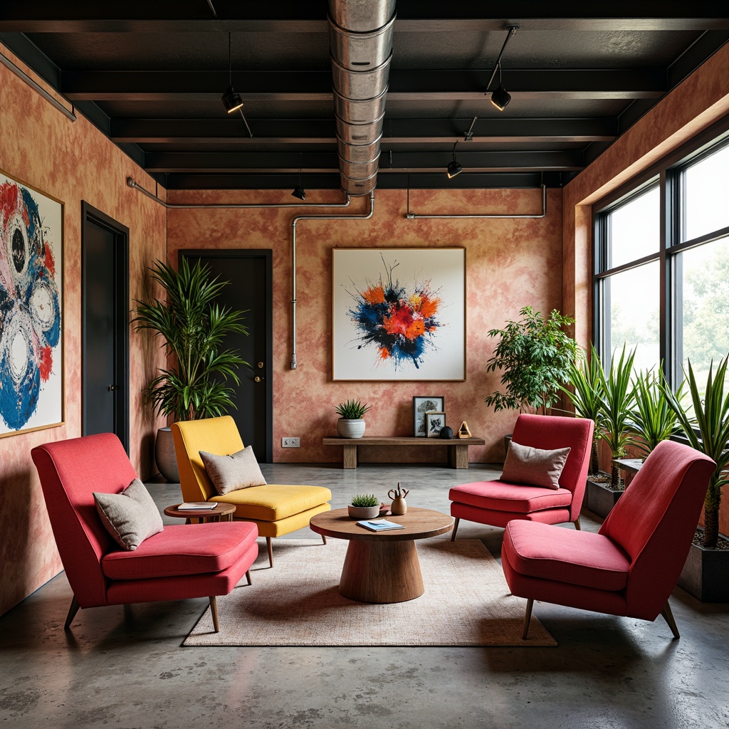 Prompt: Vibrant design studio, modern artistic space, eclectic furniture pieces, bold color accents, abstract artwork, industrial metal beams, polished concrete floors, natural light pouring in, warm cozy atmosphere, softbox lighting, 3/4 composition, shallow depth of field, realistic textures, ambient occlusion.