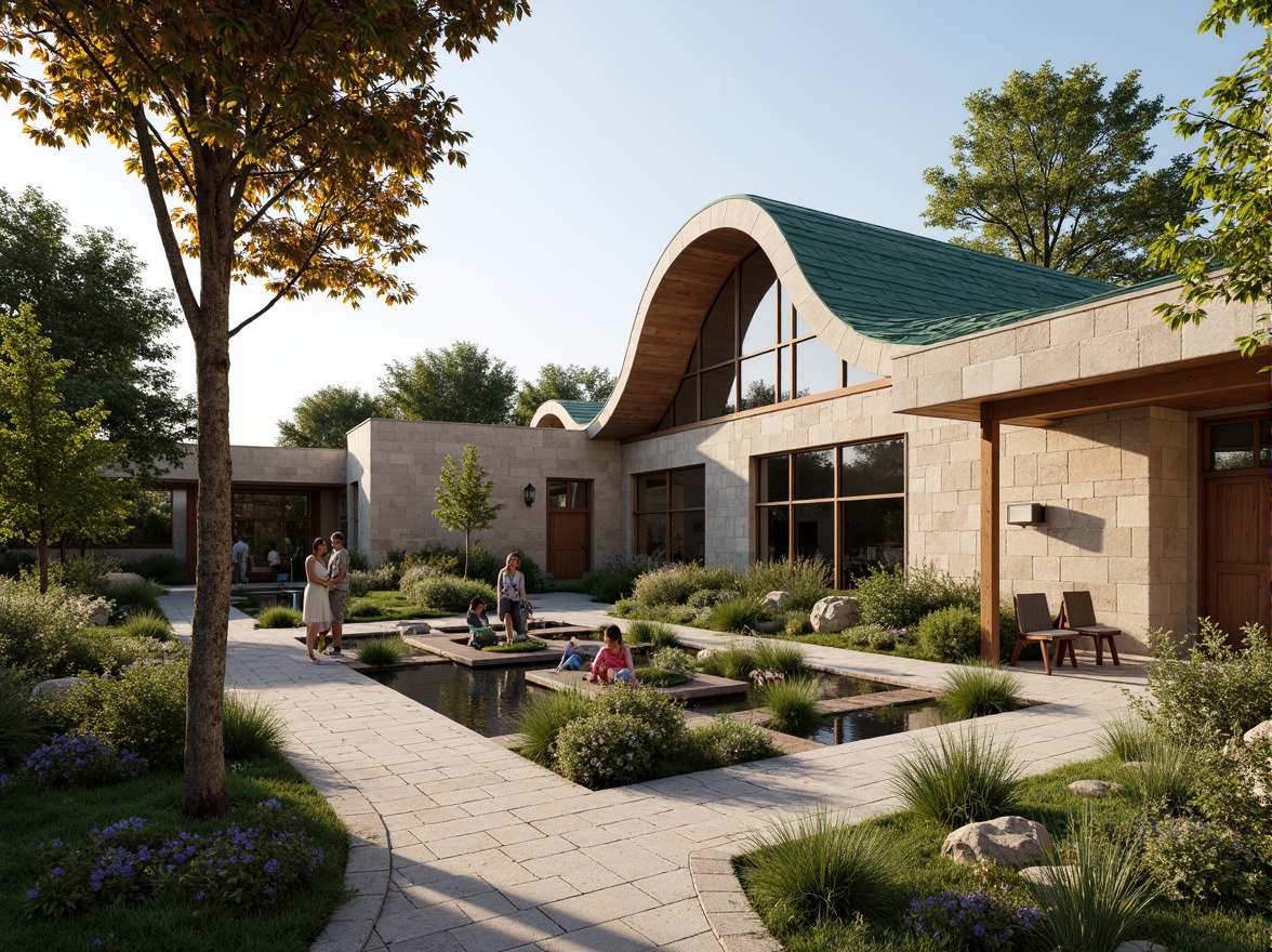 Prompt: Rustic healthcare center, natural stone exterior, earthy tones, wooden accents, green roofs, regionalism style, curved lines, cozy waiting areas, warm lighting, clerestory windows, skylights, soft shadows, ambient occlusion, organic forms, nature-inspired motifs, soothing color palette, calming atmosphere, serene gardens, lush vegetation, tranquil water features, peaceful courtyards, gentle breezes, shallow depth of field, 1/2 composition, realistic textures, warm sunny day.