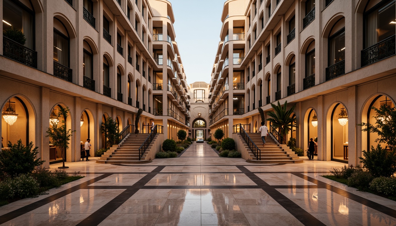 Prompt: Symmetrical building facade, mirrored reflection, identical twin towers, central axis, radial symmetry, harmonious proportions, balanced composition, geometric patterns, repeating arches, colonnaded entrance, grand staircase, ornate details, luxurious materials, marble floors, crystal chandeliers, soft warm lighting, shallow depth of field, 1/1 composition, panoramic view, realistic textures, ambient occlusion.