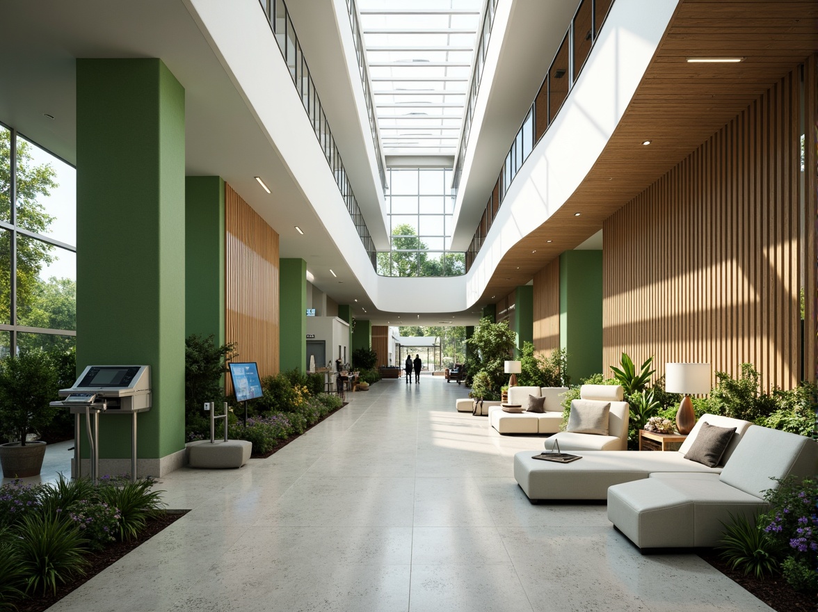 Prompt: Spacious hospital lobby, high ceilings, clerestory windows, natural light pouring in, calming atmosphere, wooden accents, green walls, lush plants, water features, soothing sounds, gentle curves, modern medical equipment, stainless steel surfaces, clean lines, minimal ornamentation, abundant daylight, soft shadows, warm color palette, comfortable seating areas, peaceful ambiance, shallow depth of field, 1/2 composition, realistic textures, subtle ambient occlusion.