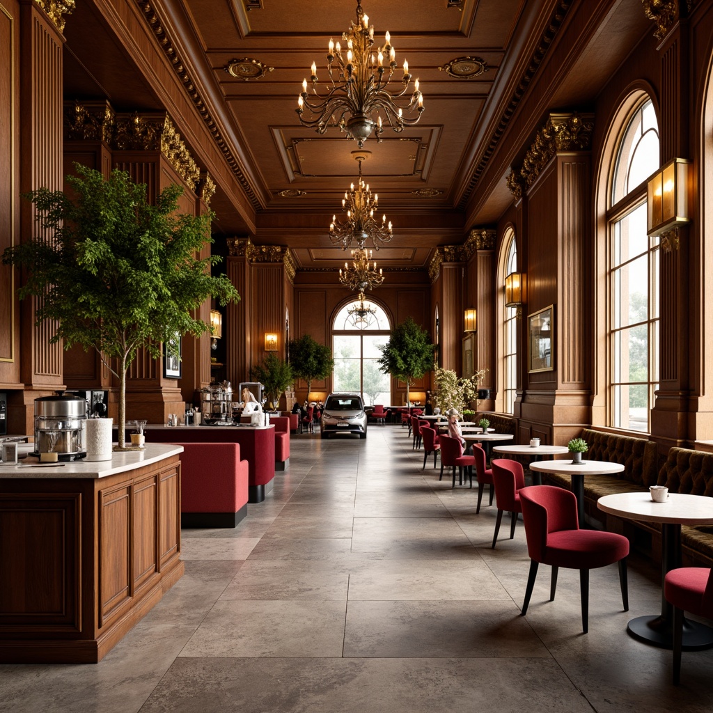 Prompt: Elegant coffee shop interior, rich wood tones, polished marble countertops, ornate gold accents, velvet upholstery, intricate moldings, high ceilings, grand chandeliers, soft warm lighting, natural stone flooring, classic columns, symmetrical composition, 1/1 aspect ratio, shallow depth of field, realistic textures, ambient occlusion.