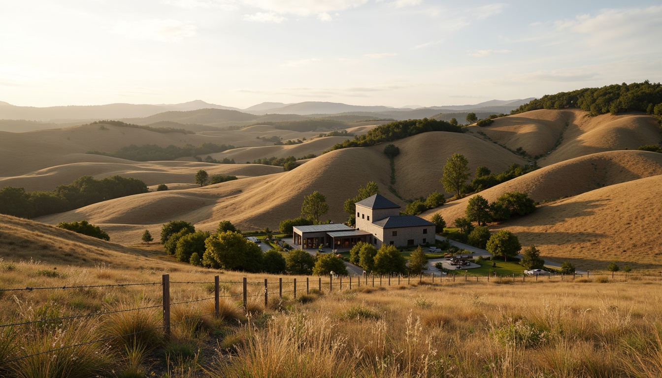 Prompt: Rolling hills, vast open fields, rustic farmland, wooden fences, traditional farmhouses, modern eco-friendly architecture, green roofs, solar panels, wind turbines, water conservation systems, natural stone walls, earthy tones, organic textures, serene countryside atmosphere, soft warm lighting, shallow depth of field, 3/4 composition, panoramic view, realistic textures, ambient occlusion.