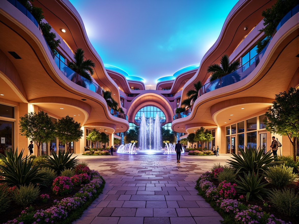 Prompt: Luxurious casino entrance, grand water features, lush tropical plants, exotic flowers, natural stone pathways, curved lines, organic shapes, futuristic architecture, LED lighting, vibrant color scheme, dynamic fountain shows, misting systems, warm ambiance, shallow depth of field, 1/1 composition, realistic textures, ambient occlusion.