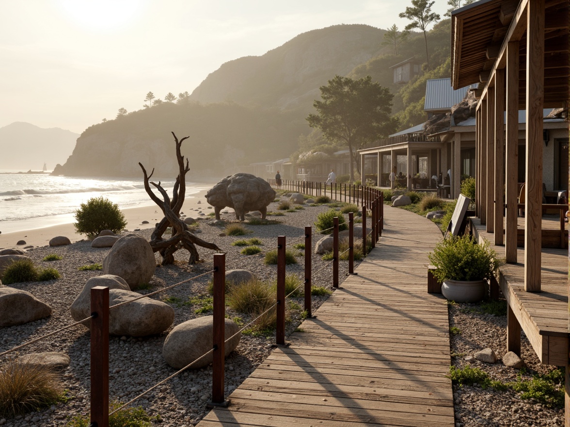 Prompt: Weathered wooden docks, rusty metal railings, driftwood sculptures, ocean-battered stones, rough-hewn concrete seawalls, corrugated iron roofs, sandy dunes, sea-eroded cliffs, beachy pebbles, salty mist, warm golden lighting, shallow depth of field, 1/1 composition, realistic textures, ambient occlusion, natural weathering effects.