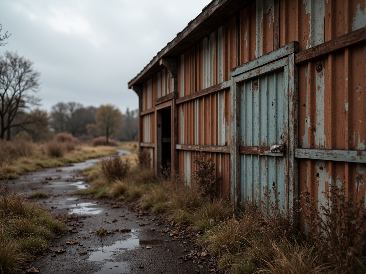 Prompt: Rustic corrugated iron, weathered metal surface, distressed texture, industrial aesthetic, earthy tones, rugged landscape, abandoned factory setting, overcast sky, soft diffused lighting, shallow depth of field, 1/1 composition, realistic reflections, ambient occlusion.