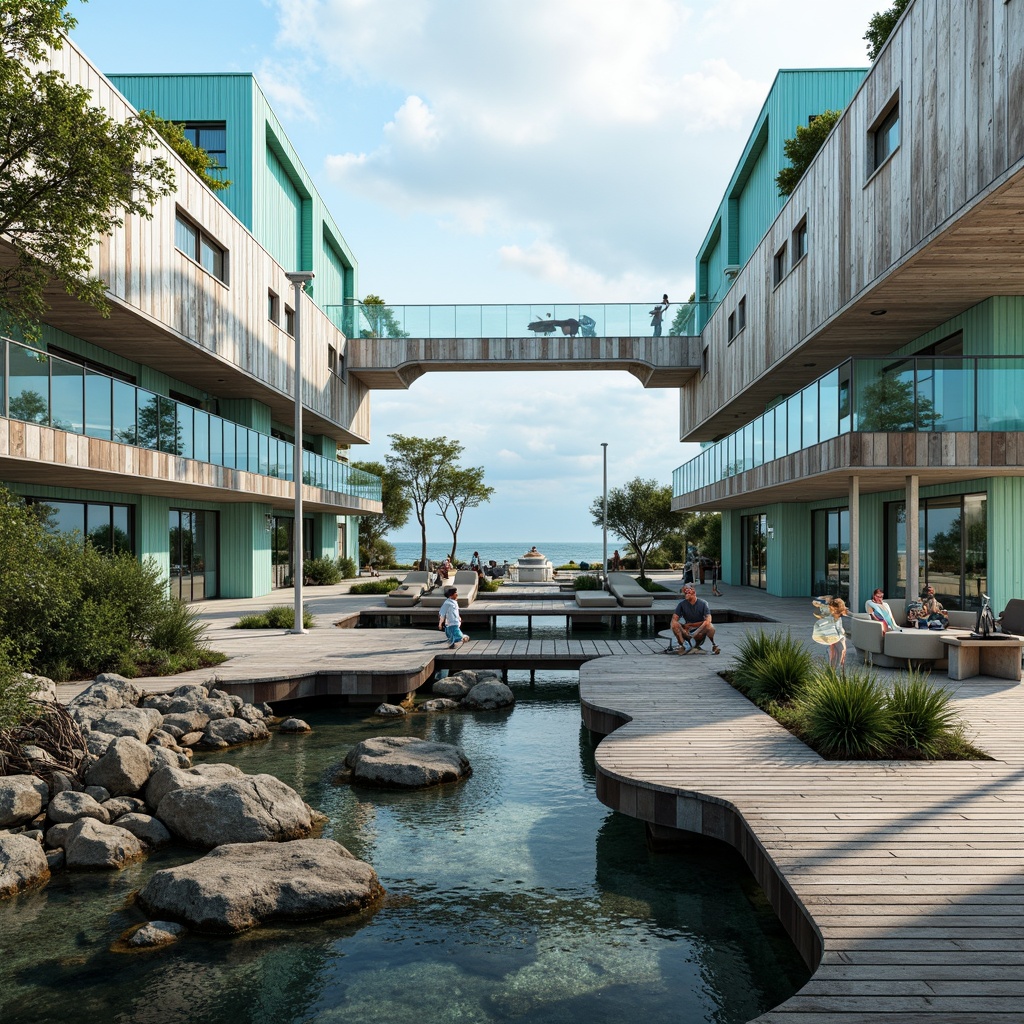 Prompt: Wavy coastal lines, rustic wooden docks, weathered steel frames, corrugated metal cladding, ocean-inspired color palette, turquoise accents, futuristic angular forms, cantilevered structures, elevated walkways, transparent glass railings, wind-swept trees, driftwood sculptures, tidal patterns, ocean breeze, soft misty lighting, 1/2 composition, cinematic view, realistic weathering effects, ambient occlusion.Let me know if you need any adjustments!