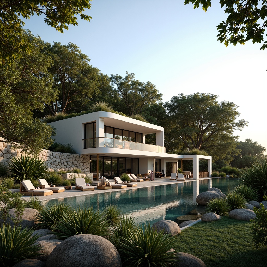 Prompt: Secluded villa, harmonious landscape integration, lush greenery, natural stone walls, curved lines, minimalist architecture, modern fusion style, large windows, sliding glass doors, panoramic views, serene outdoor spaces, infinity pools, tropical plants, sunny day, soft warm lighting, shallow depth of field, 3/4 composition, realistic textures, ambient occlusion.