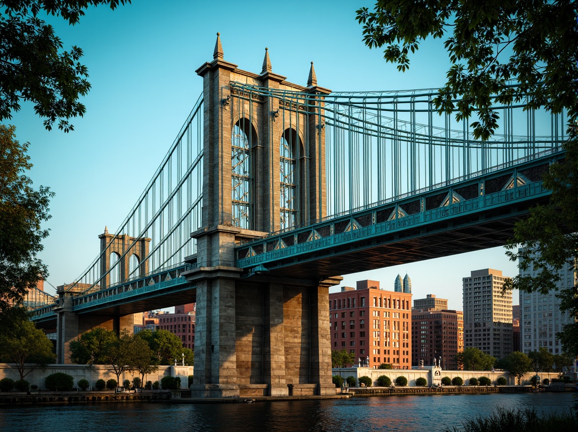 Prompt: Eclectic bridge, ornate ironwork, grand arches, suspension cables, vibrant turquoise hues, rustic stone piers, modern steel beams, asymmetrical towers, intricate stonework, Gothic-inspired details, industrial textures, warm golden lighting, shallow depth of field, 1/1 composition, dramatic low-angle shot, realistic reflections, ambient occlusion.