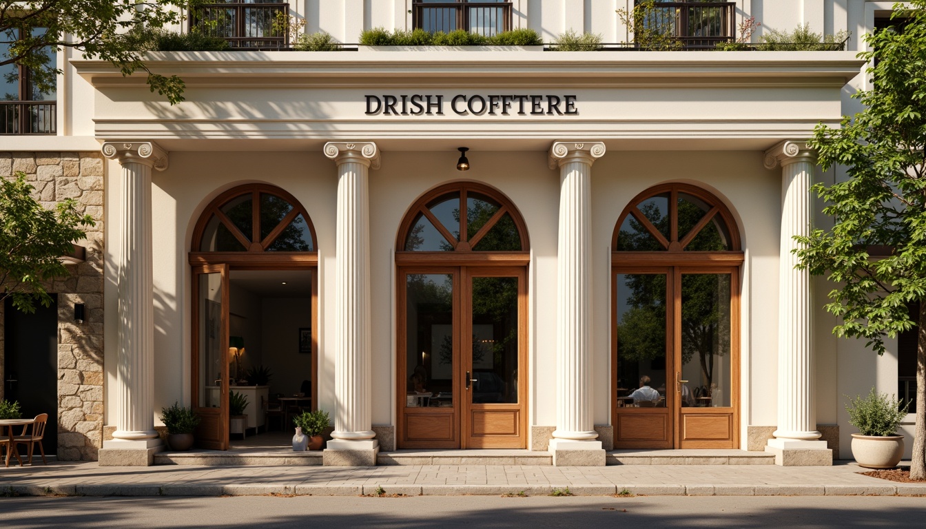 Prompt: Elegant coffee shop facade, neoclassical columns, ornate cornices, symmetrical composition, grand entrance, wooden doors, bronze hardware, large windows, frosted glass, subtle arches, soft cream-colored walls, rustic stone base, lush greenery, potted plants, outdoor seating area, warm sunny day, soft natural lighting, shallow depth of field, 1/1 composition, realistic textures, ambient occlusion.