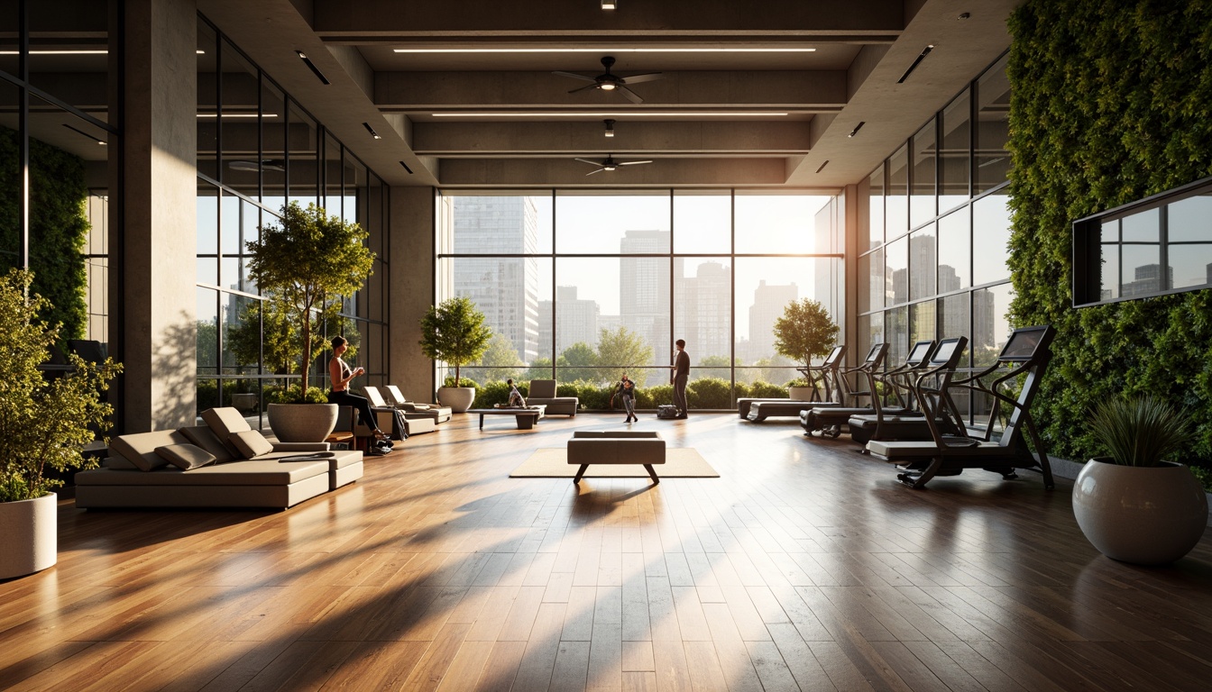 Prompt: Modern fitness club, spacious interior, natural light pouring in, floor-to-ceiling windows, mirrored walls, sleek wooden floors, state-of-the-art exercise equipment, free weights, cardio machines, yoga mats, calm atmosphere, greenery accents, living walls, urban cityscape views, morning sunlight, soft warm glow, shallow depth of field, 1/2 composition, panoramic view, realistic textures, ambient occlusion.