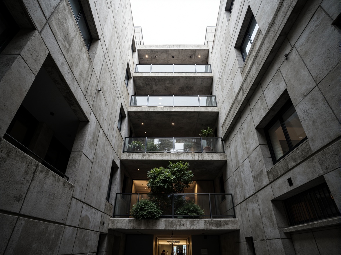 Prompt: Rugged brutalist building, raw concrete textures, exposed ductwork, industrial metal beams, minimalist ornamentation, monochromatic color scheme, dramatic natural light, harsh shadows, imposing structural forms, fortress-like fa\u00e7ades, urban cityscape, overcast skies, diffused lighting, high contrast ratio, 2/3 composition, symmetrical framing, gritty realistic rendering.