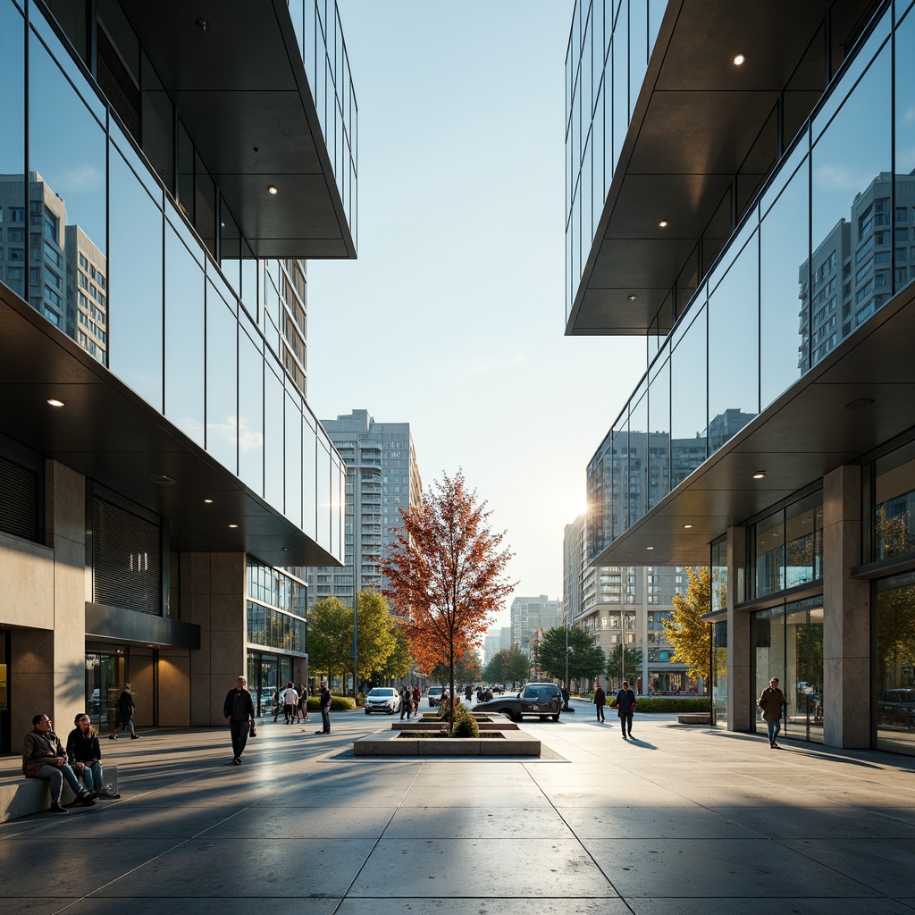 Prompt: Transparent glass facades, minimalist architecture, sleek metal frames, open floor plans, natural light influx, airy atmosphere, polished concrete floors, reflective surfaces, geometric patterns, modern urban landscape, bustling city streets, morning sunlight, soft warm glow, shallow depth of field, 3/4 composition, panoramic view, realistic textures, ambient occlusion.