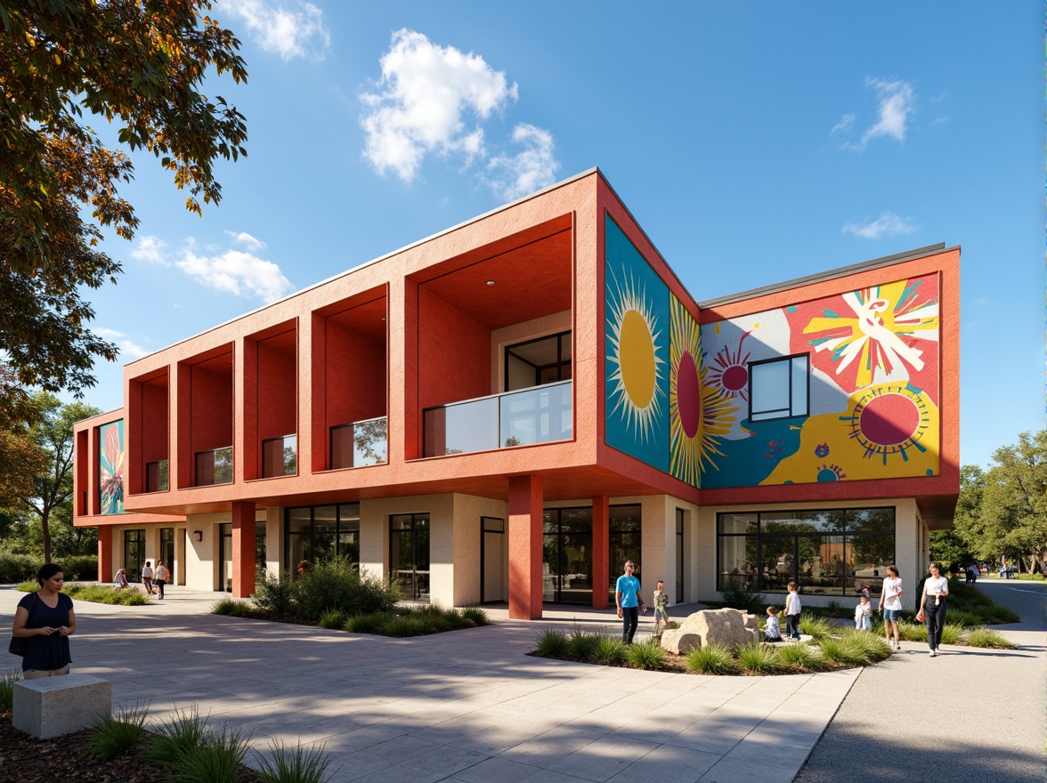 Prompt: Vibrant community center, expressive fa\u00e7ade treatment, bold angular lines, dynamic geometric shapes, bright primary colors, abstract mural artwork, textured concrete walls, irregular window patterns, cantilevered rooflines, dramatic shadows, warm sunny day, shallow depth of field, 1/1 composition, high-contrast lighting, realistic textures, ambient occlusion.