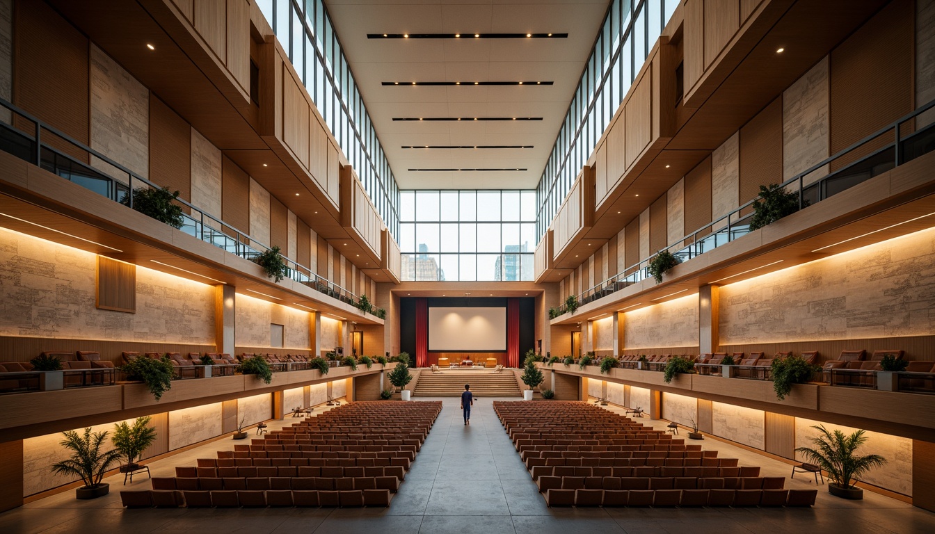 Prompt: Grand auditorium, high ceilings, expansive windows, clerestory windows, natural stone walls, wooden accents, tiered seating, stepped floors, central stage, proscenium arch, soft warm lighting, abundant daylight, diffused illumination, indirect sunlight, ambient shadows, minimalist decor, acoustic panels, sound-absorbing materials, vibrant color scheme, modern architecture, 3/4 composition, panoramic view, realistic textures, ambient occlusion.