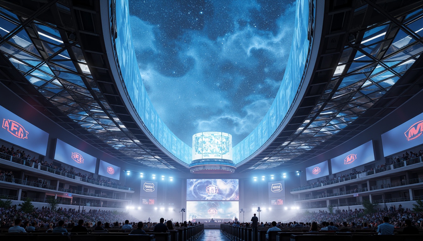 Prompt: Futuristic stadium, curved lines, aerodynamic shapes, metallic structures, neon lights, translucent canopies, cantilevered roofs, suspended walkways, angular columns, dynamic arches, high-tech materials, LED screens, holographic displays, virtual reality experiences, 3D projection mapping, atmospheric fog effects, dramatic spotlighting, low-angle camera views, cinematic compositions, shallow depth of field, fast-paced editing, futuristic sound design.