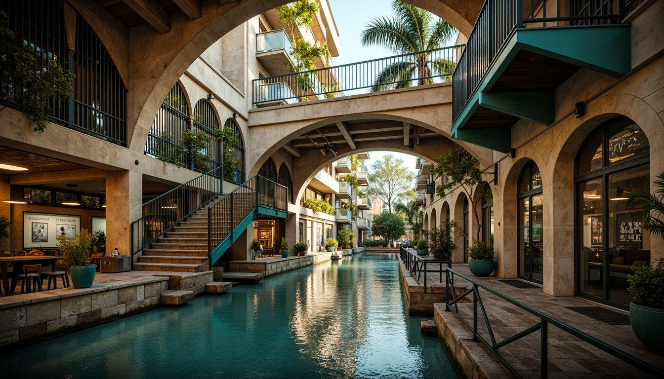 Prompt: Rustic stone piers, ornate metal railings, vibrant turquoise accents, intricate Gothic arches, eclectic mix of materials, industrial steel beams, decorative concrete pillars, asymmetrical composition, dramatic cantilevered sections, dynamic curves, bold geometric shapes, warm golden lighting, misty atmospheric effects, 1/2 composition, low-angle shot, rich textures, ambient occlusion.