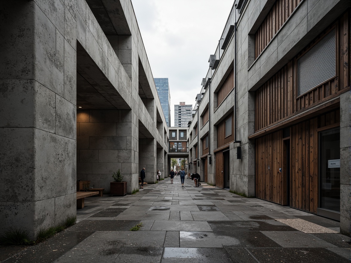 Prompt: Rough-hewn concrete walls, rugged stone facades, brutalist fortress-like structures, industrial metal beams, exposed ductwork, raw unfinished surfaces, distressed wood accents, weathered steel panels, urban cityscape backdrop, overcast skies, dramatic shadows, high-contrast lighting, abstract geometric patterns, bold monochromatic color scheme, 1/1 composition, low-angle shot, gritty realistic textures, ambient occlusion.