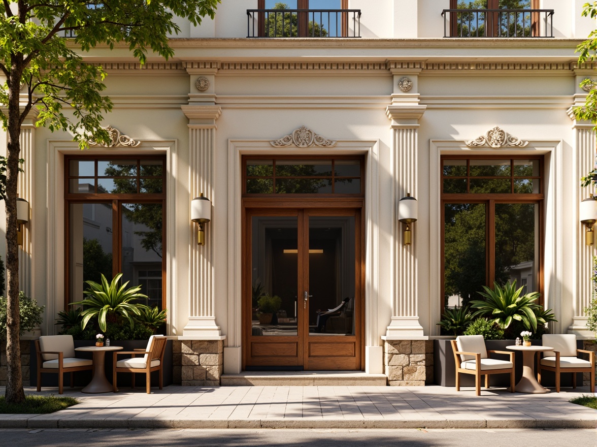 Prompt: Elegant coffee shop facade, neoclassical columns, ornate cornices, symmetrical composition, grand entrance, wooden doors, bronze hardware, large windows, frosted glass, subtle arches, soft cream-colored walls, rustic stone base, lush greenery, potted plants, outdoor seating area, warm sunny day, soft natural lighting, shallow depth of field, 1/1 composition, realistic textures, ambient occlusion.