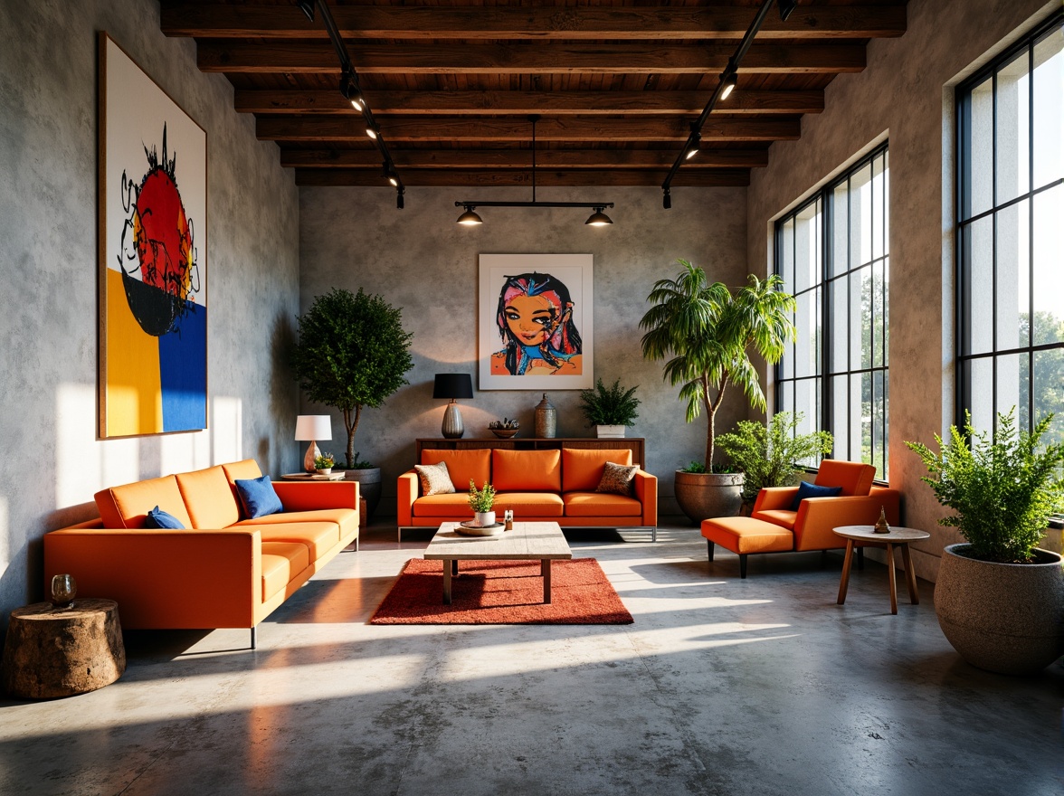 Prompt: Vibrant design studio, modern artistic space, eclectic furniture pieces, bold color accents, abstract artwork, industrial metal beams, polished concrete floors, natural light pouring in, warm cozy atmosphere, softbox lighting, 3/4 composition, shallow depth of field, realistic textures, ambient occlusion.