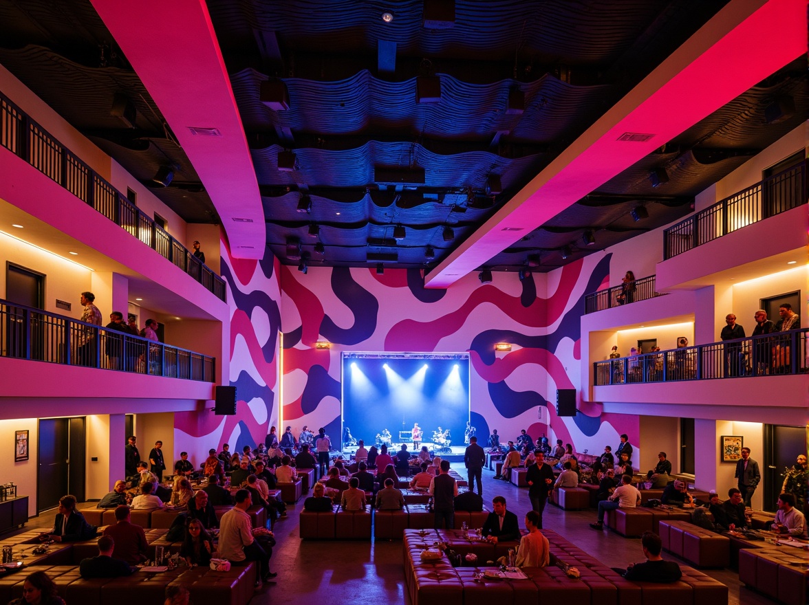 Prompt: Vibrant music venue, postmodern architecture, eclectic decor, bold color schemes, abstract patterns, irregular shapes, dynamic lighting systems, suspended ceilings, acoustic panels, sound-absorbing materials, curved lines, minimalist seating, intimate performance spaces, elevated stages, professional audio equipment, live music performances, energetic atmosphere, warm ambient lighting, shallow depth of field, 1/2 composition, realistic textures, ambient occlusion.