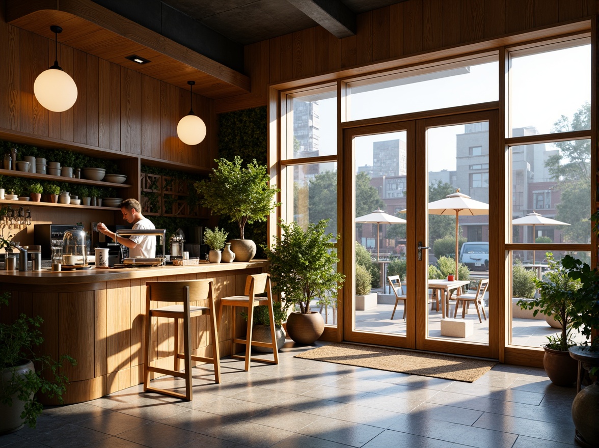 Prompt: Cozy coffee shop interior, warm wooden accents, large windows, glass doors, natural stone flooring, minimalist decor, greenery walls, hanging plants, soft warm lighting, shallow depth of field, 3/4 composition, panoramic view, realistic textures, ambient occlusion, urban cityscape, bustling streets, morning sunlight, gentle shadows, inviting atmosphere.