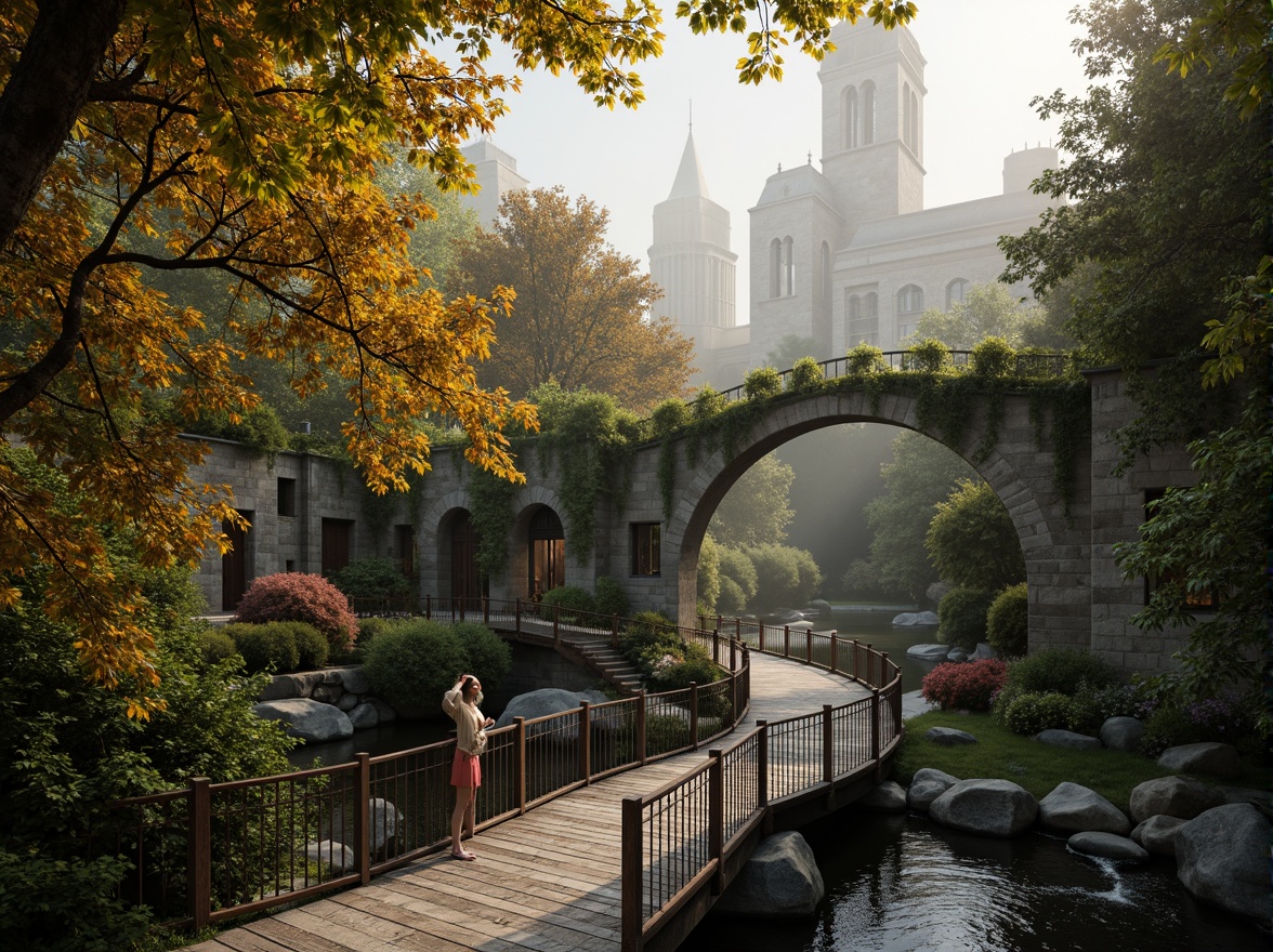 Prompt: Rustic stone bridges, ornate iron railings, curved arches, Gothic-inspired towers, misty waterfalls, lush green forests, serene riverside, warm golden lighting, soft focus, shallow depth of field, 1/2 composition, atmospheric perspective, realistic textures, ambient occlusion, intricate stonework, weathered wooden planks, moss-covered stones, delicate ivy vines, whimsical lanterns, romantic-era inspired architecture, nostalgic ambiance.