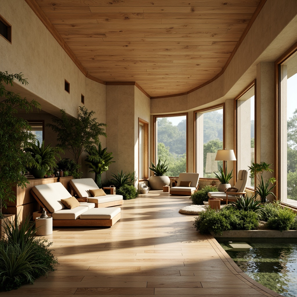 Prompt: Calming interior ambiance, soft warm lighting, natural materials, reclaimed wood accents, soothing color palette, gentle curves, organic shapes, lush green walls, living plants, air purification systems, calming water features, sound-absorbing textiles, comfortable seating areas, cozy reading nooks, minimalist decor, peaceful atmosphere, warm beige tones, earthy scent, subtle aromatherapy, 1/1 composition, shallow depth of field, realistic textures.