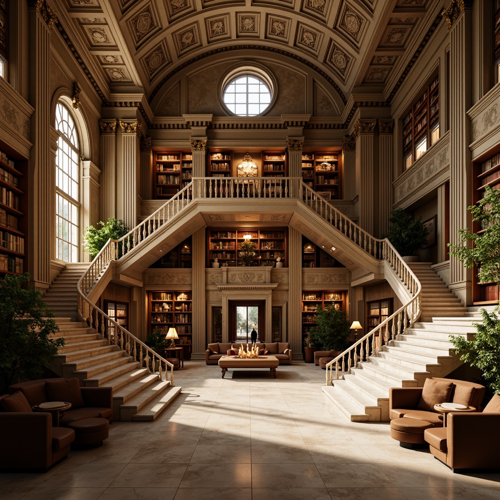 Prompt: Elegant neoclassical library, ornate columns, intricately carved capitals, polished marble floors, grand staircases, sweeping archways, towering bookshelves, leather-bound tomes, comfortable reading nooks, warm golden lighting, soft shadows, high ceilings, symmetrical architecture, balanced composition, 1/1 aspect ratio, detailed textures, subtle ambient occlusion.