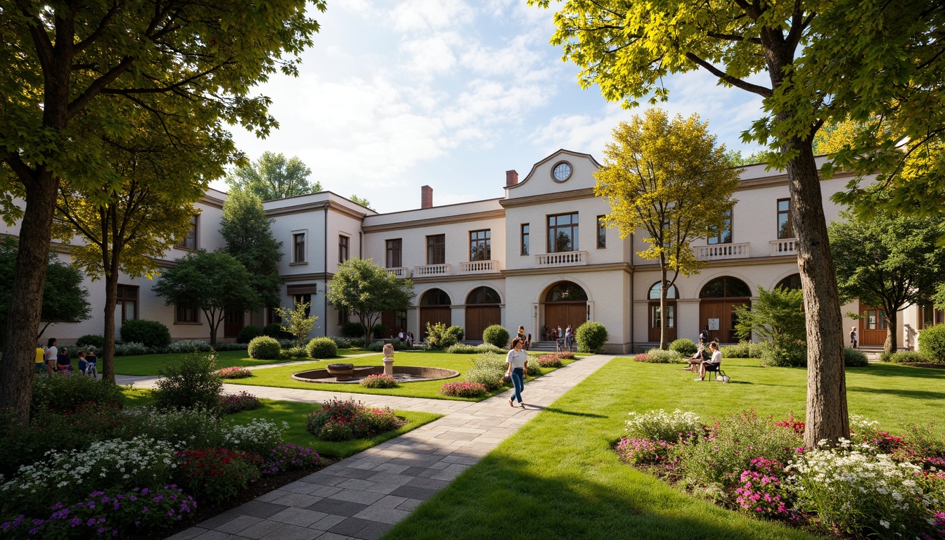 Prompt: Historic school campus, Romanesque style buildings, lush green lawns, vibrant flower beds, ornate fountains, meandering stone pathways, rustic benches, ancient tree species, climbing vines, soft warm lighting, shallow depth of field, 3/4 composition, panoramic view, realistic textures, ambient occlusion.