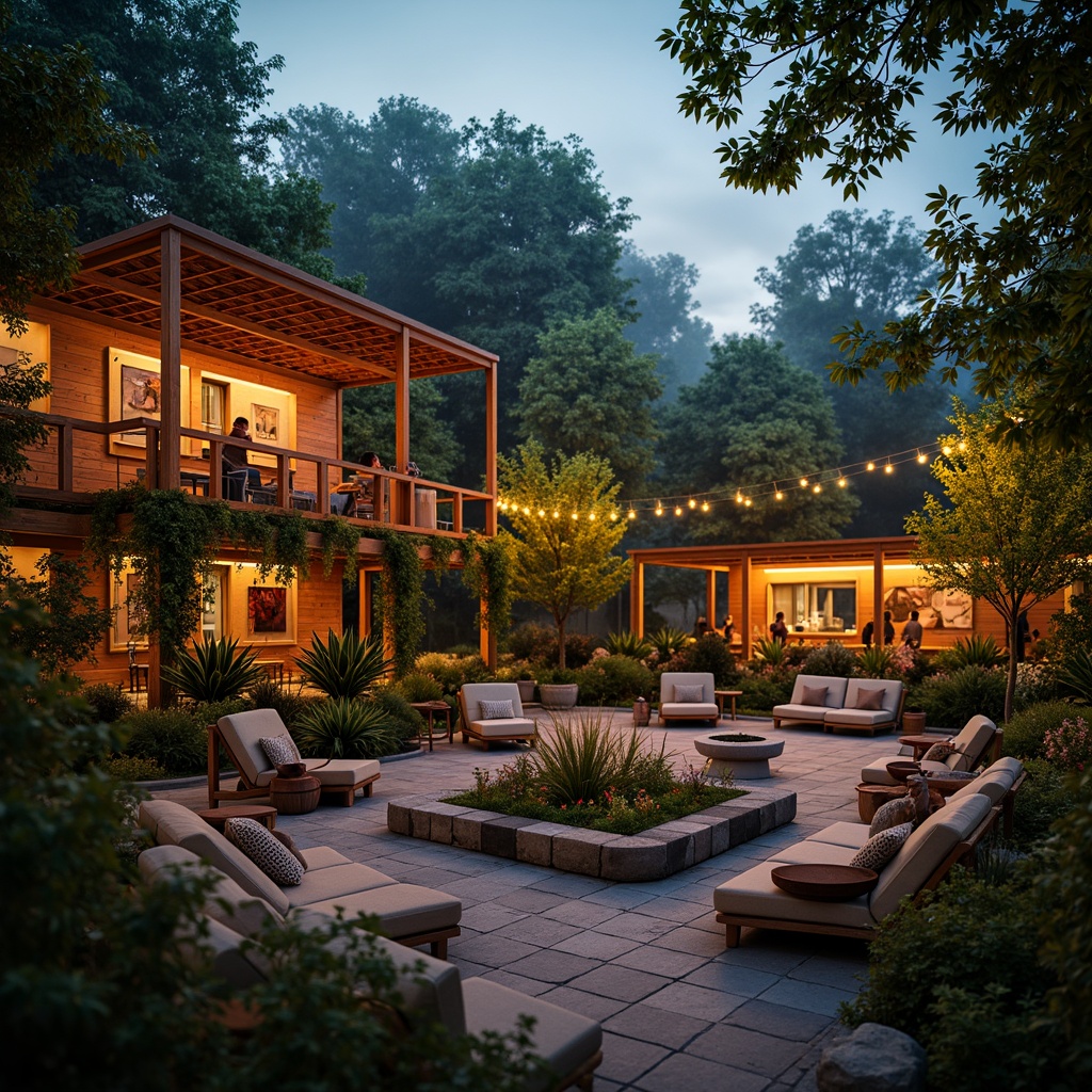 Prompt: Vibrant music venue, rustic wooden exterior, lush greenery surroundings, twinkling string lights, outdoor amphitheater, natural stone seating, eclectic art installations, bohemian-inspired decor, warm golden lighting, shallow depth of field, 1/2 composition, intimate atmosphere, realistic textures, ambient occlusion, serene forest backdrop, misty evening ambiance, soft focus blur.