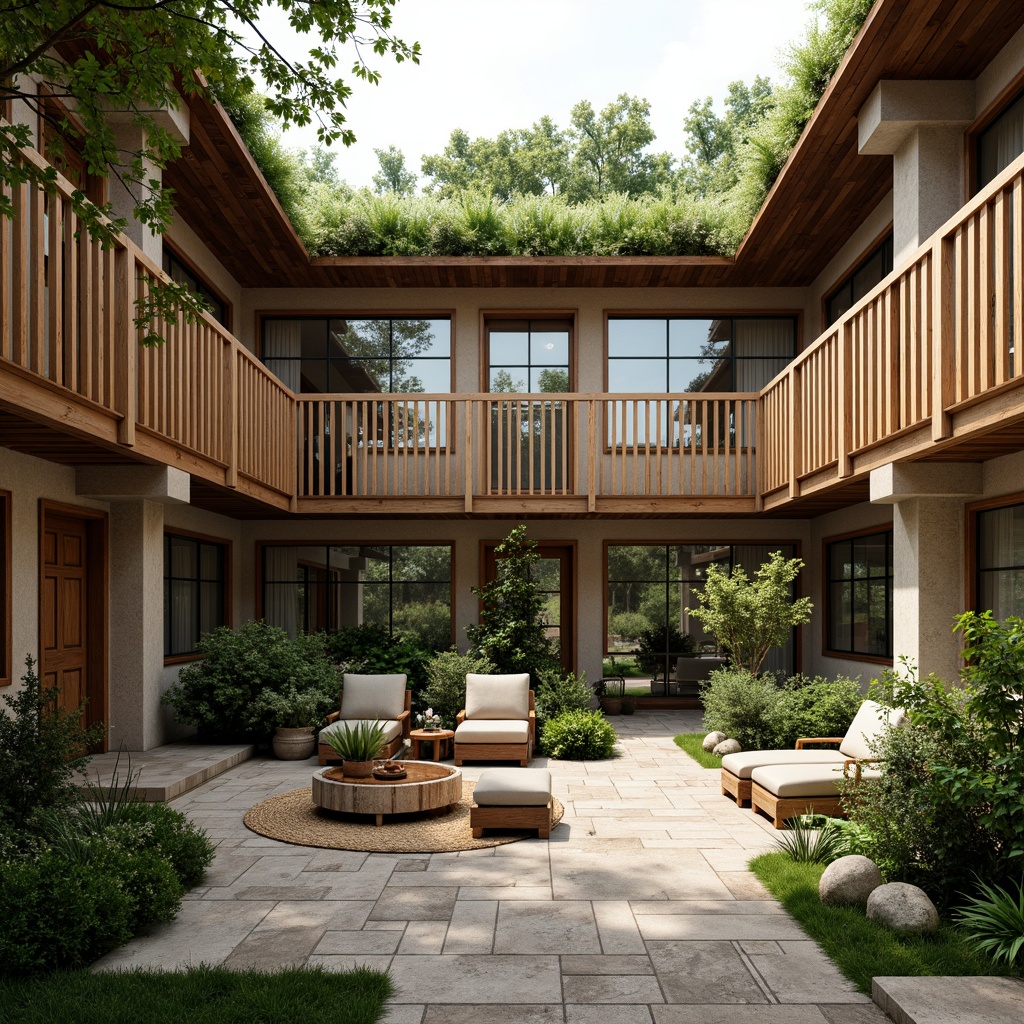 Prompt: Cozy dormitory courtyard, lush green roofs, native plants, natural stone walls, wooden accents, earthy tones, vernacular architecture style, rustic charm, eco-friendly materials, large windows, clerestory lighting, open communal spaces, minimalist decor, soft warm ambiance, shallow depth of field, 1/1 composition, realistic textures, ambient occlusion.