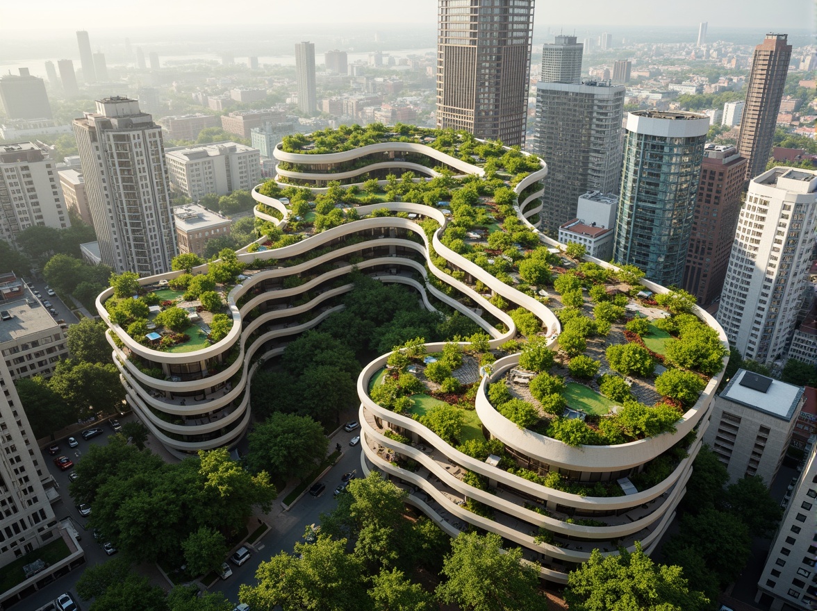 Prompt: Eco-friendly skyscrapers, green roofs, solar panels, wind turbines, rainwater harvesting systems, recycled materials, low-carbon footprint, energy-efficient buildings, living walls, vertical gardens, natural ventilation systems, passive design strategies, minimal waste generation, biodegradable construction materials, organic shapes, curved lines, futuristic aesthetic, urban biodiversity hotspots, vibrant cityscapes, soft warm lighting, shallow depth of field, 1/1 composition, realistic textures, ambient occlusion.