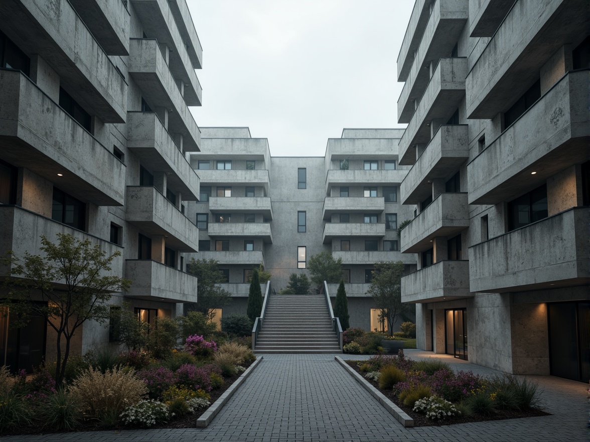 Prompt: Rugged university campus, brutalist architecture style, concrete structures, fortress-like buildings, robust columns, raw unfinished surfaces, geometric shapes, angular lines, fortification-inspired design, monumental scale, grand staircases, exposed ductwork, industrial materials, cold color palette, overcast skies, dramatic shadows, high contrast lighting, deep depth of field, 1/1 composition, symmetrical view, realistic textures, ambient occlusion.