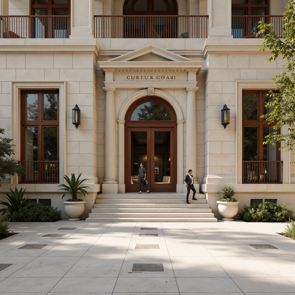 Prompt: Historic courthouse building, traditional architecture, solemn atmosphere, dignified fa\u00e7ade, grand entrance, columns, arches, justice symbol statues, American flag, neutral color scheme, beige stone walls, white marble floors, wooden accents, rich brown furniture, subtle gold details, natural light, soft shadows, 1/1 composition, realistic textures, ambient occlusion.