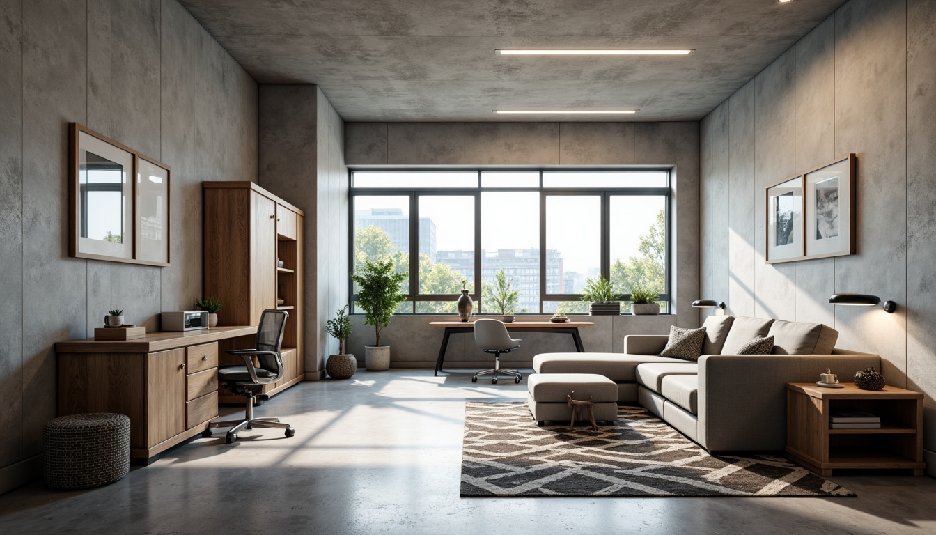 Prompt: Minimalist dorm room, modern furniture, sleek lines, monochromatic color scheme, industrial chic decor, polished concrete floors, geometric patterned rugs, functional storage units, compact desks, ergonomic chairs, floor-to-ceiling windows, natural light, soft warm ambiance, 1/1 composition, shallow depth of field, realistic textures, ambient occlusion.