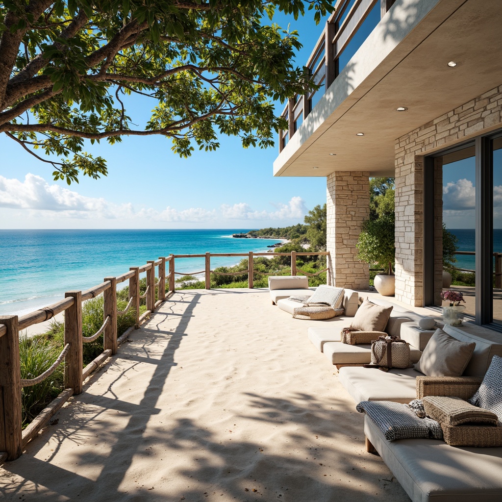 Prompt: Soft sandy beaches, calm turquoise ocean, driftwood accents, weathered stone walls, nautical ropes, sailboat-inspired railings, sea salt-weathered wood, ocean breeze, natural textures, earthy tones, blues and whites, beachy vibes, modern coastal architecture, large windows, sliding glass doors, outdoor living spaces, shaded decks, sunny day, warm soft lighting, shallow depth of field, 3/4 composition, realistic materials, ambient occlusion.