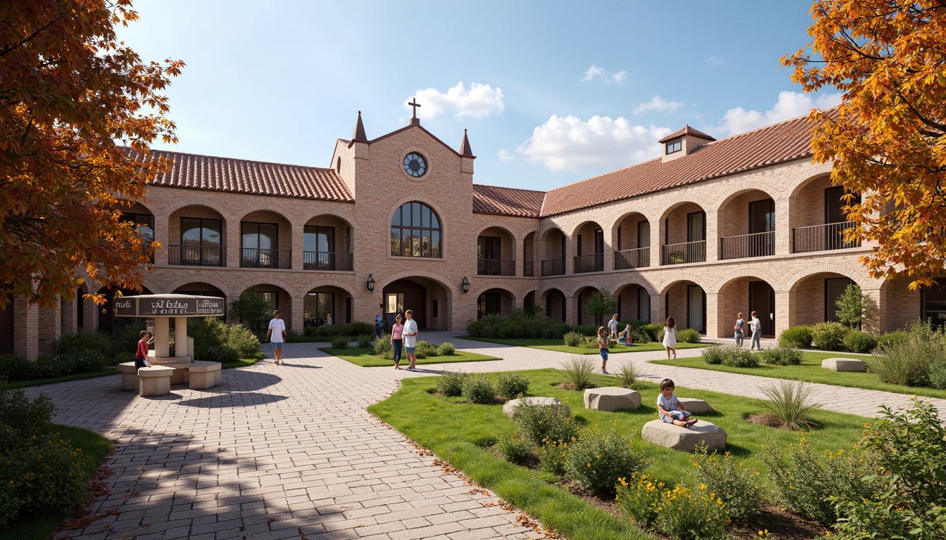 Prompt: Rustic school building, Romanesque style architecture, clay roof tiles, curved arches, ornate stone carvings, grand entranceways, sprawling green spaces, vibrant playground equipment, educational signage, natural stone walkways, worn brick walls, weathered wooden doors, blooming flower gardens, sunny day, soft warm lighting, shallow depth of field, 3/4 composition, panoramic view, realistic textures, ambient occlusion.