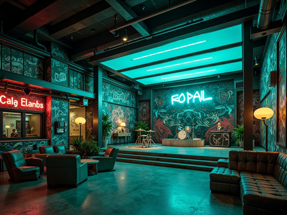 Prompt: Vibrant teal accents, neon lights, dynamic stage design, eclectic music instruments, graffiti walls, industrial metal beams, polished concrete floors, trendy lounge seating, retro-futuristic decor, edgy urban atmosphere, moody dim lighting, shallow depth of field, 1/1 composition, cinematic view, realistic textures, ambient occlusion.