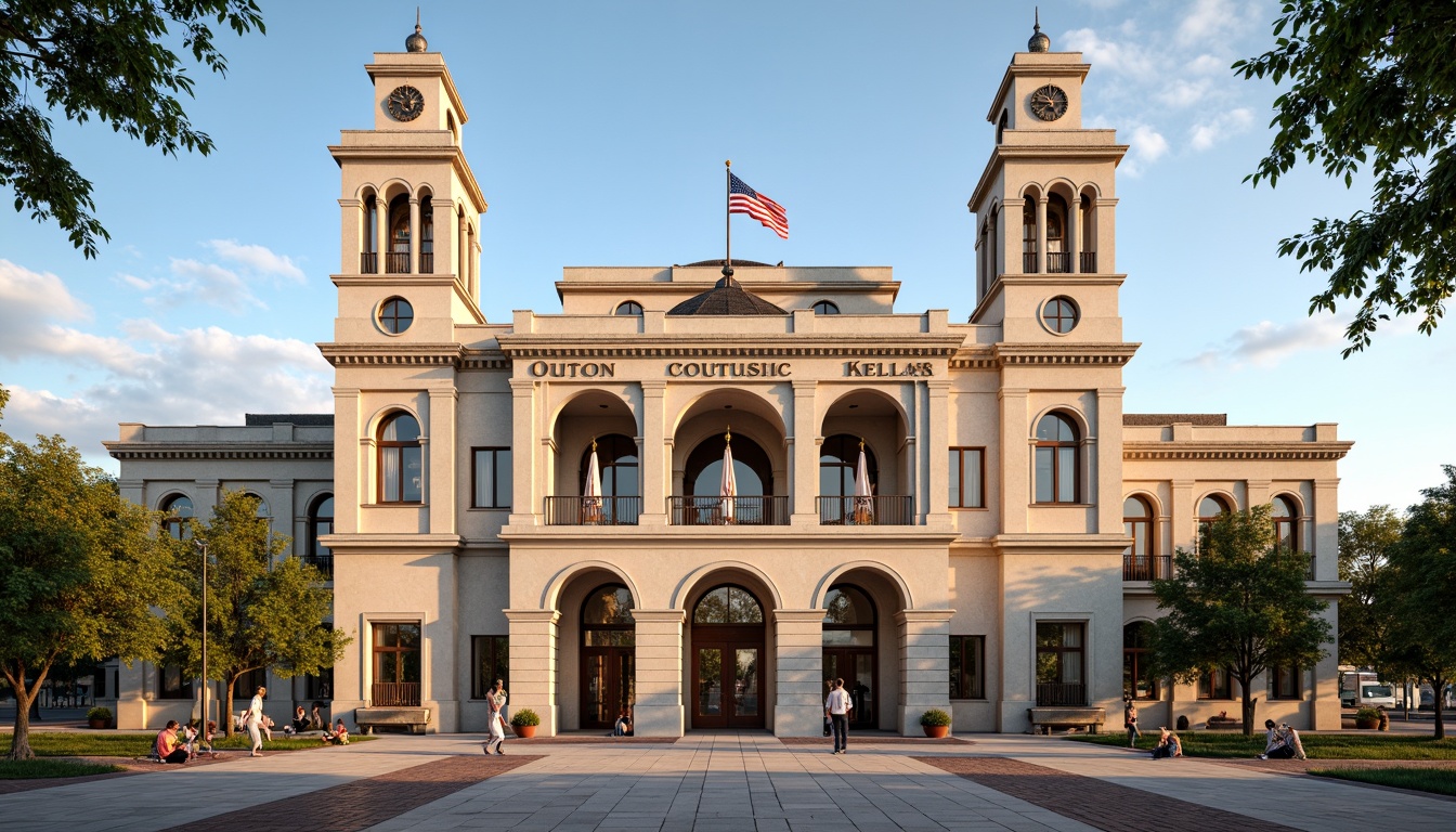 Prompt: Grand courthouse entrance, neoclassical columns, ornate stone carvings, symmetrical facade, dramatic archways, majestic clock towers, rusticated base, Beaux-Arts influences, vibrant American flags, sunny day, soft warm lighting, shallow depth of field, 3/4 composition, panoramic view, realistic textures, ambient occlusion.