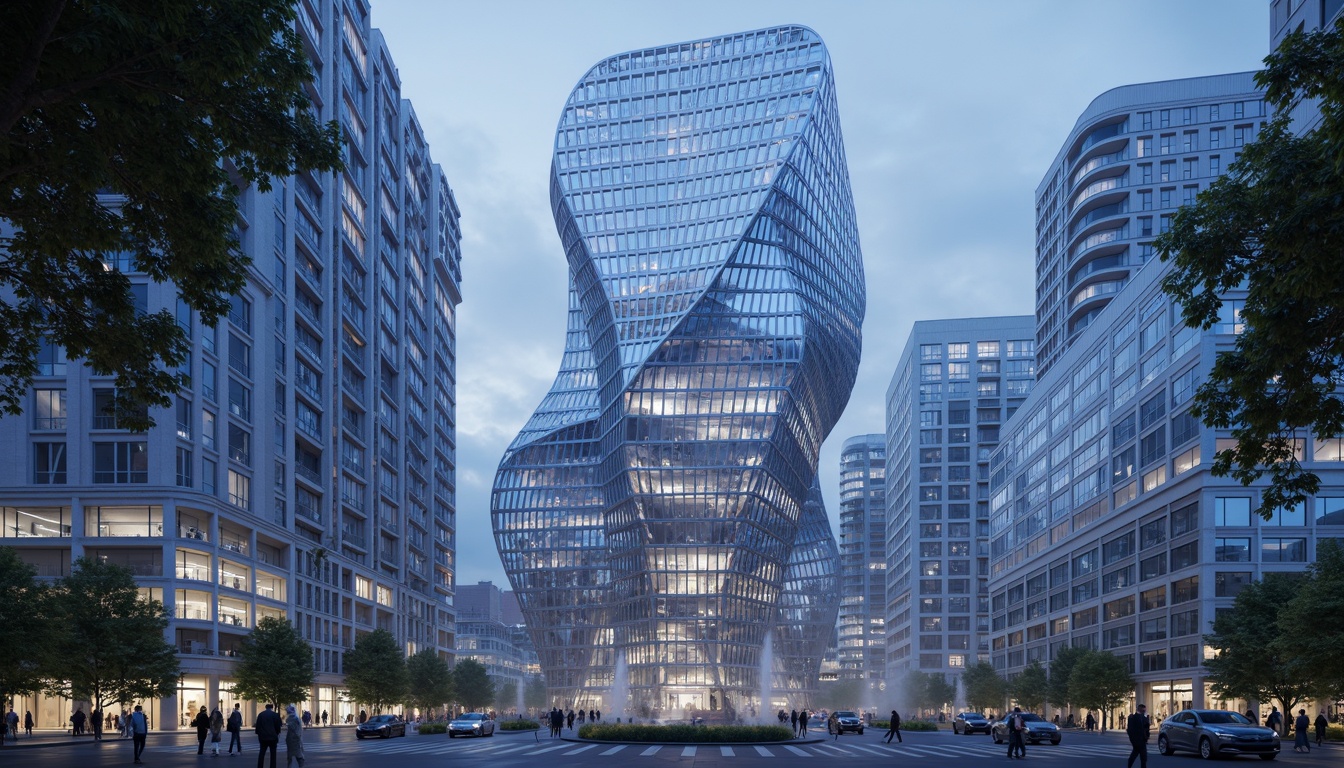 Prompt: Irregular blob-shaped buildings, futuristic architecture, undulating curves, parametric design, algorithmic patterns, dynamic LED lighting, translucent glass facades, iridescent colors, holographic effects, 3D printed components, biomimetic structures, adaptive shading systems, responsive materials, soft glowing accents, misty atmospheric effects, shallow depth of field, 1/1 composition, cinematic rendering, high-tech gadgetry, sleek metallic accents.