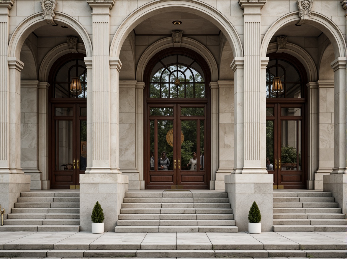 Prompt: Neoclassical facade, symmetrical composition, grand entrance, ornate details, classical columns, arches, domes, rusticated base, limestone walls, granite steps, bronze door handles, stained glass windows, Gothic-inspired tracery, intricate carvings, richly textured stonework, subtle color palette, natural light diffusion, shallow depth of field, 1/1 composition, realistic materials, ambient occlusion.