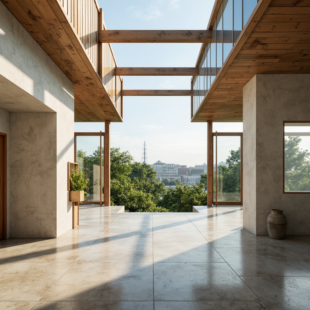 Prompt: Large open windows, clerestory roofs, skylights, reflective ceilings, light-colored walls, minimalist interior design, natural stone floors, wooden accents, greenery views, urban landscape, sunny day, soft warm lighting, shallow depth of field, 3/4 composition, panoramic view, realistic textures, ambient occlusion.