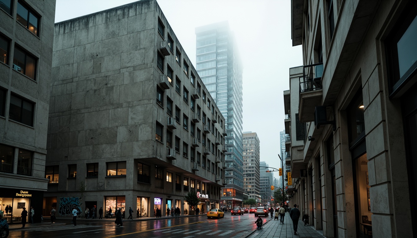 Prompt: Concrete brutalist buildings, urban cityscape, dense metropolitan area, busy streets, modern skyscrapers, industrial chic, exposed ductwork, raw concrete textures, geometric shapes, fortress-like structures, dramatic lighting, cinematic atmosphere, deep shadows, high contrast, 1/1 composition, symmetrical framing, gritty urban feel, rainy day, misty morning, neon lights reflection, urban decay, graffiti walls, rusty metal accents, brutalist sculptures, abstract art installations.