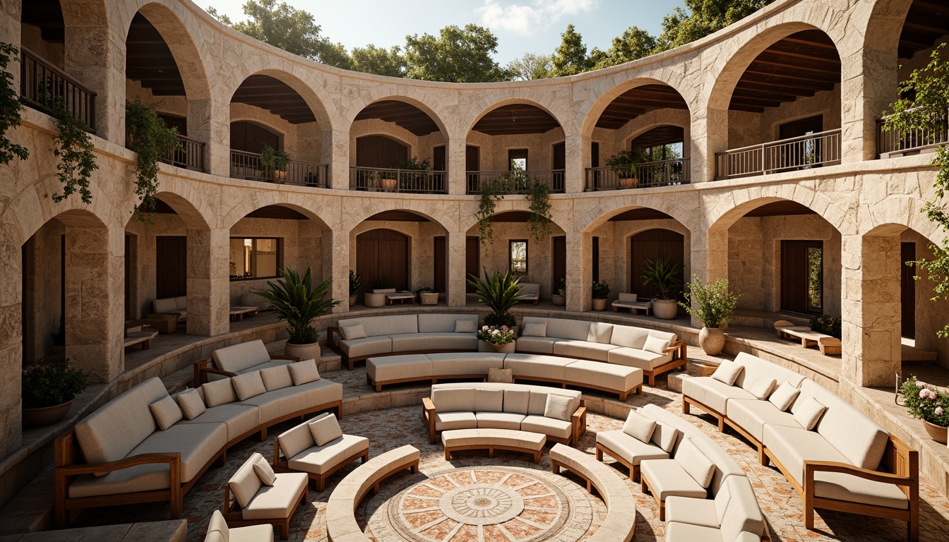 Prompt: Ancient Roman-inspired amphitheater, grandiose stone architecture, ornate carvings, majestic arches, vibrant frescoes, comfortable seating areas, curved rows of seats, plush cushions, wooden armrests, intricate mosaics, natural stone flooring, warm golden lighting, soft shadows, 1/2 composition, symmetrical framing, realistic textures, ambient occlusion.