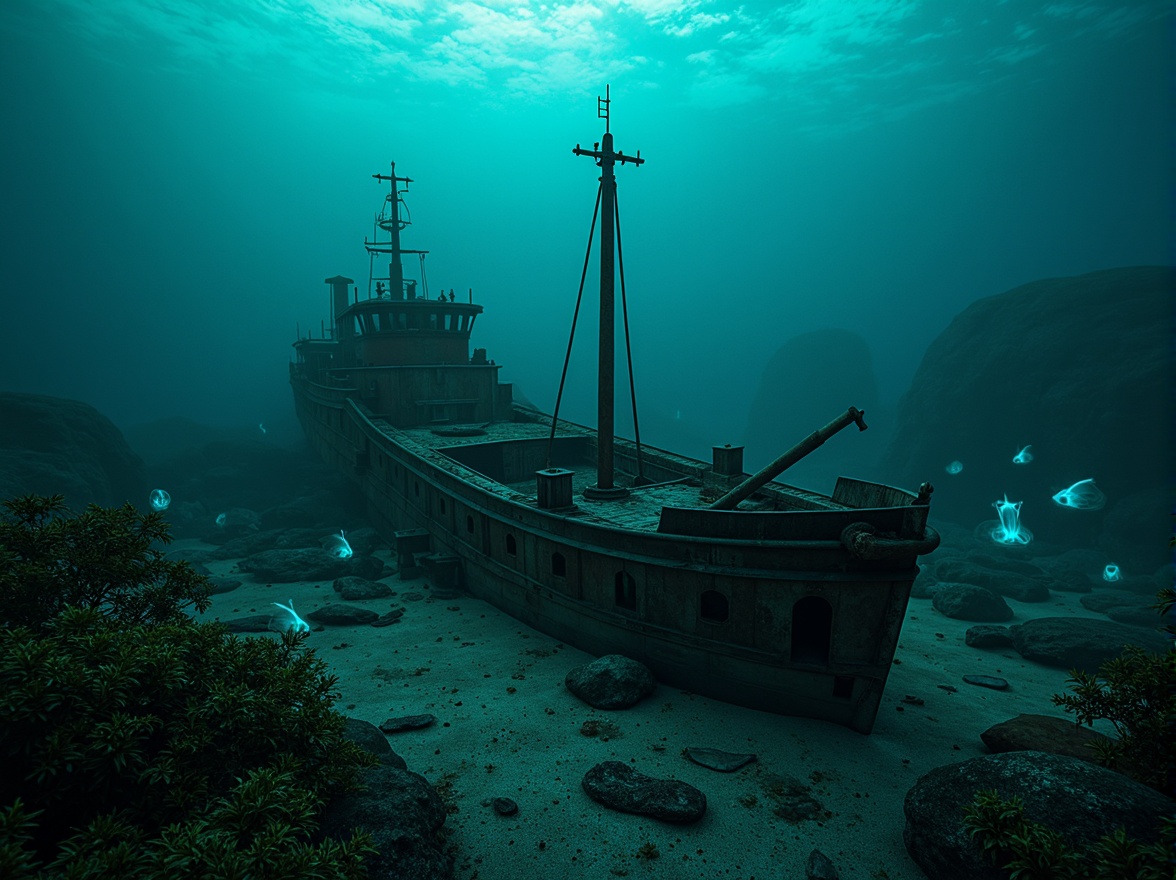 Prompt: Mysterious underwater scene, dark cyan hues, eerie bioluminescent creatures, glowing jellyfish, abandoned shipwreck, rusty metal debris, seaweed-covered rocks, misty ocean atmosphere, soft blue-green lighting, shallow depth of field, 1/2 composition, cinematic mood, realistic water textures, subtle ambient occlusion.