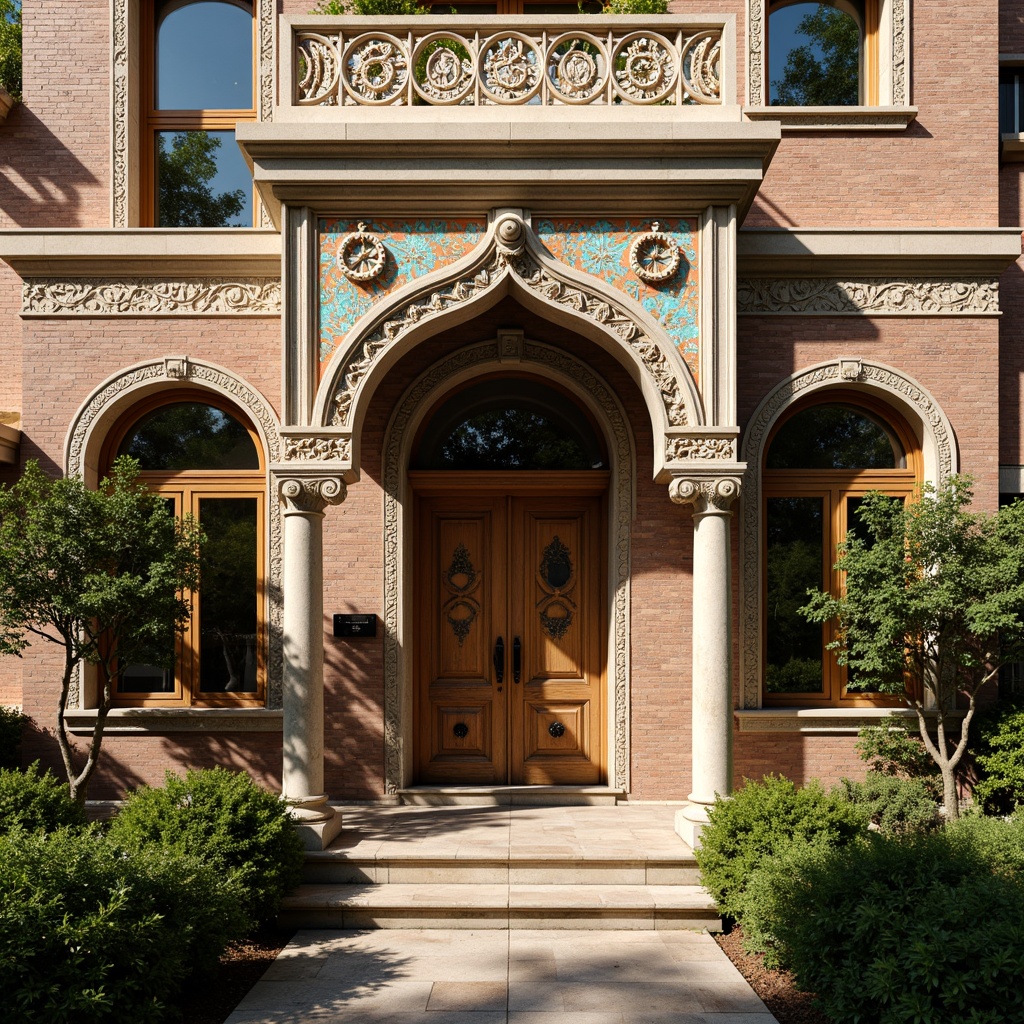 Prompt: Ornate Byzantine house facade, intricately carved stone ornaments, arched windows, ornamental brickwork, glazed ceramic tiles, vibrant turquoise accents, rustic wooden doors, adorned with metal hardware, grand entranceways, symmetrical composition, warm golden lighting, shallow depth of field, 1/1 aspect ratio, realistic textures, ambient occlusion.